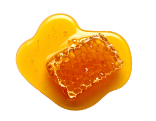realistic golden honey drop with honeycomb block on isolated background showing sweet organic texture and natural glossy syrup splash in top view for food concept and design element
