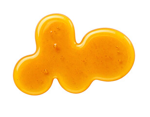 abstract flowing honey drop in organic rounded blob shape with glossy golden surface on isolated background from top view for food concept design and natural sweet syrup texture element
