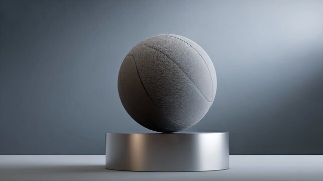 Basketball with a matte texture spinning slowly on a chrome pedestal focused rim lighting casting soft elliptical shadows on