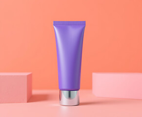 A vibrant purple cosmetic tube with silver accents, presented against a soft peach backdrop creating a modern and inviting visual for skincare or beauty products.
