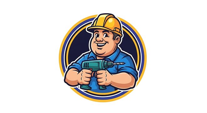 Drill Handyman Cartoon Vector – Construction Emblem Logo on White

