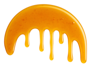 semi circular arc of flowing dripping honey in smooth golden syrup texture for sweet dessert ingredient and abstract food design on isolated background
