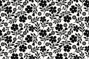 Seamless black floral pattern on white background, featuring blooming flowers and leafy branches, perfect for textile, wallpaper, and modern design.
