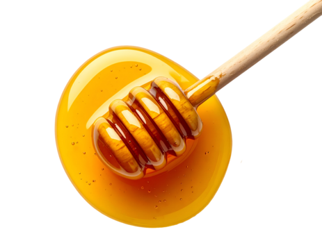 angled honey dipper with golden honey puddle on isolated background, top view macro style
