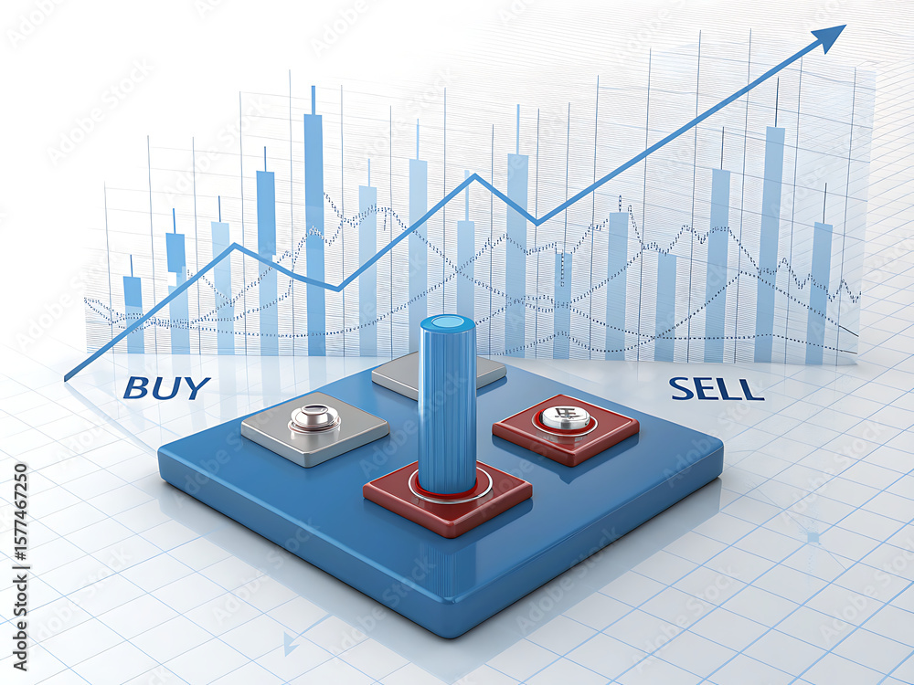 Poster blue platform with buy and sell buttons and a graph showing upward trend in the background scene