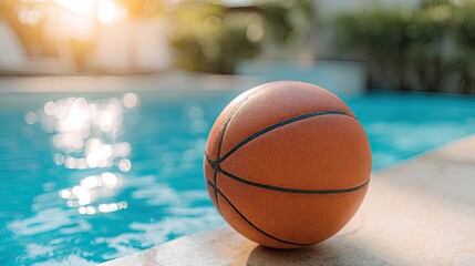 Basketball resting at the edge of a swimming pool reflections shimmering on water sun-drenched lighting with rim and natural
