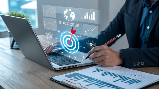 A person uses a laptop, with digital success targets and data analysis charts, for strategic business planning and future growth achievement.