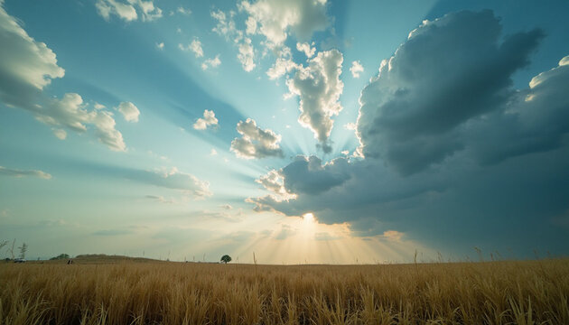 Vast sun-drenched landscape with a lone tree and breathtaking sky beams breaking through dramatic - Powered by Adobe