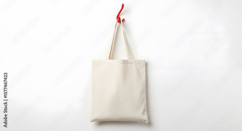 Poster blank beige tote bag hanging against a bright white background illuminated with soft lighting and a 
