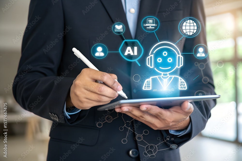 Poster a business professional uses a digital tablet to interact with an artificial intelligence system fea