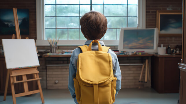 Elementary school boy entering art studio with yellow satchel ready to paint at easel