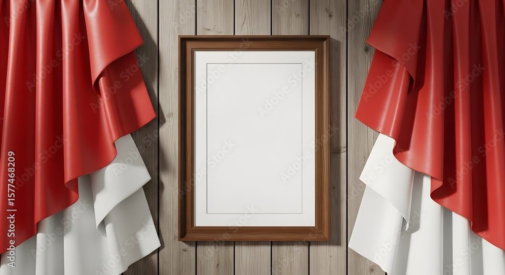 Poster a framed blank canvas hangs against a wooden wall flanked by red and white draped fabric creating a 