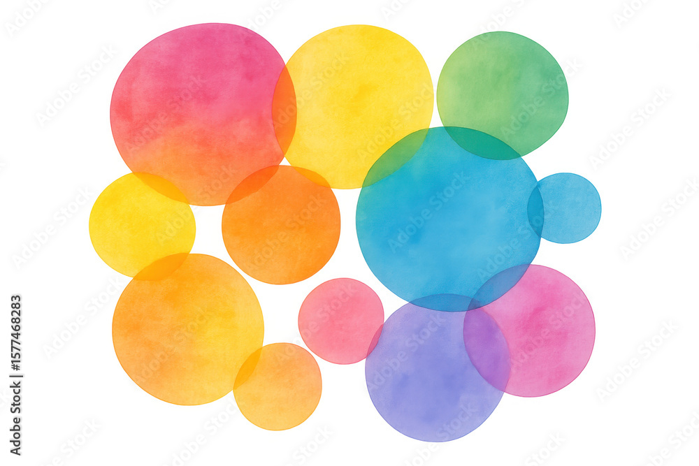 Poster vibrant translucent watercolor circles layering dynamically over transparent surface