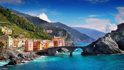 Fototapete Ligurien colorful buildings and bridges in the mountains of the town of nervi liguria genoa italy europe view from the sea  © Sam