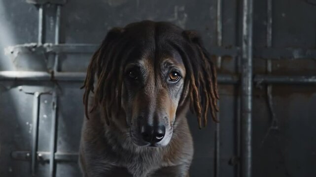 Black dog with dreadlocks.