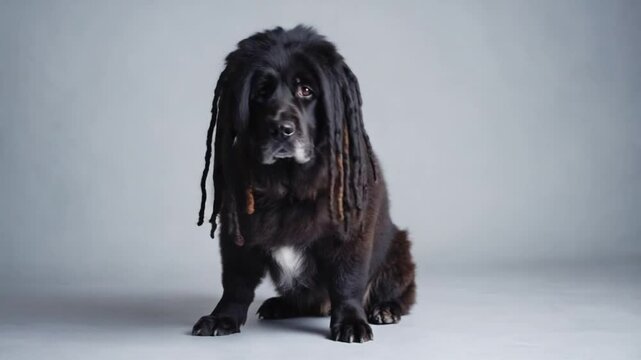 Black dog with dreadlocks.