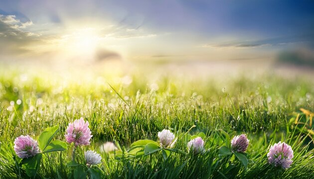 clower flower and fresh spring grass in meadow beautiful nature in morning