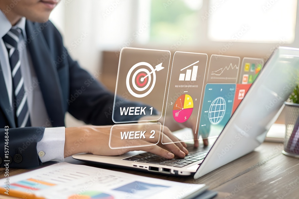 Poster a professional person is working on a laptop with a virtual interface showing business goals and dat