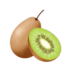 Kiwi fruit whole and cut in half, realistic food clipart with transparent background, high resolution PNG
