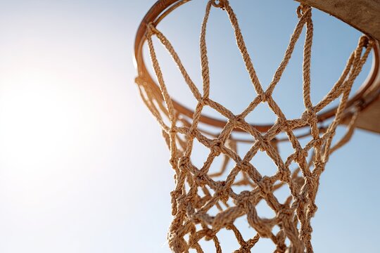 A close-up of a basketball net swaying in slow motion against a clear gradient sky sharp focus on rope