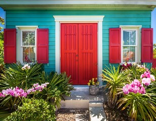 detail of a colorful house with red wooden shutters and orchids in a tropical yard garden vibrant colors architecture in key west florida