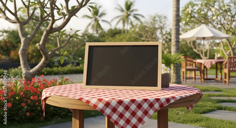 Poster a blank chalkboard rests on a table covered with a red and white checkered cloth in a garden setting