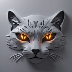 Obraz premium A stylized, three-dimensional cat's head, with intricate details and glowing eyes, set against a plain background.