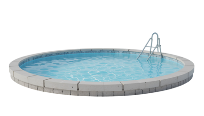 Photo of Small Round Swimming Pool with Stone Edge and Metal Ladder – Clear Blue Water PNG