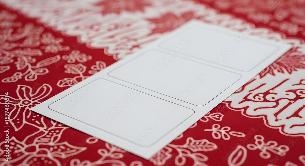 Poster close up of a blank label set placed on a red patterned fabric background. the labels are white and 