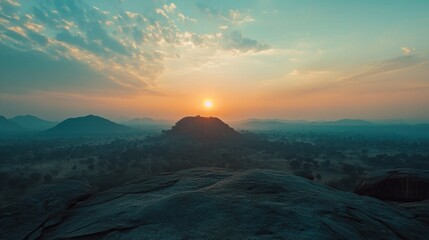 Sunrise over a rocky outcrop with hazy mountains