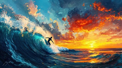 Surfer rides a vibrant sunset wave