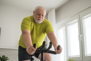 Overweight Senior Man Engaged in Stationary Cycling