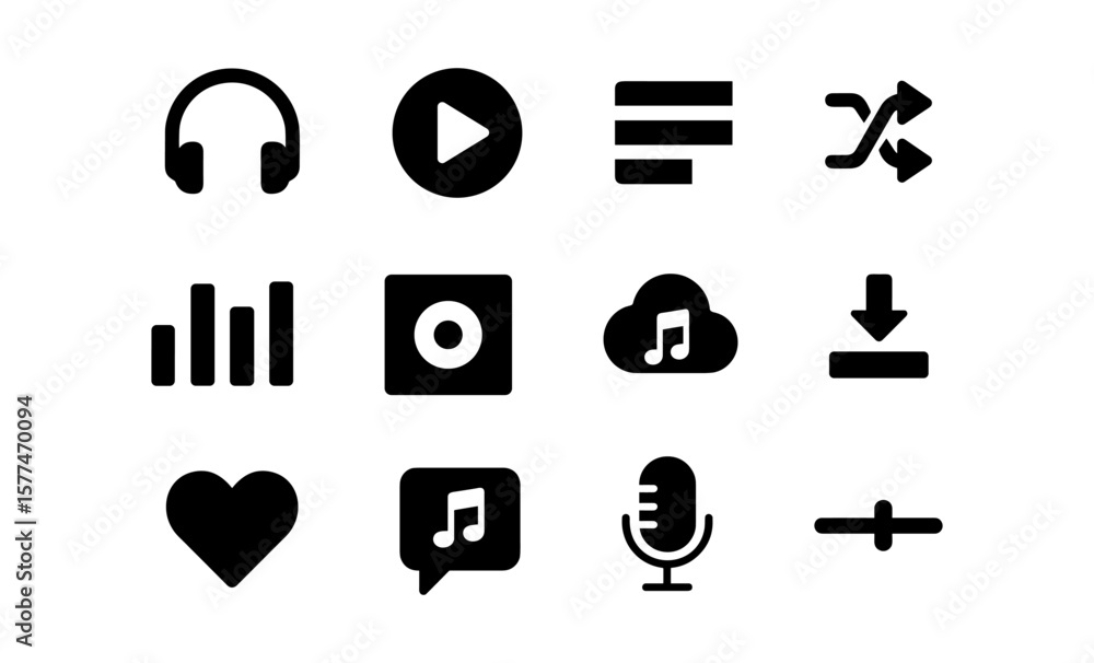 Poster music media player icons set in minimalistic style for apps and websites