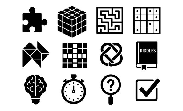 Black puzzle icons set with brain games and logic challenges