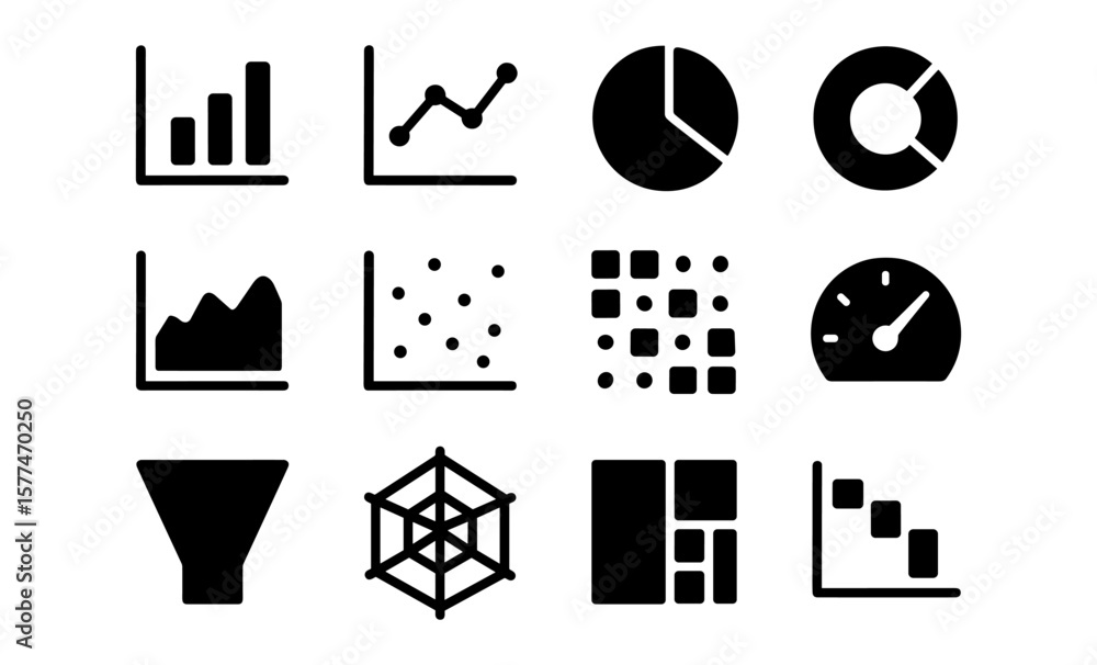 Poster business data graphs and charts set in silhouette style for analytics and presentation design