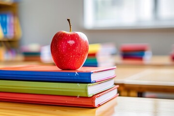 A crisp red apple rests on a neat pile of colorful school books placed on a wooden desk in a bright and cheerful classroom. The background includes a blurred blackboard and shelves, reinforcing a clas