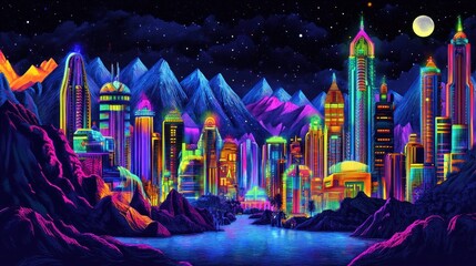 Vibrant city bathed in neon light, nestled amidst snow-capped mountains under a starry night