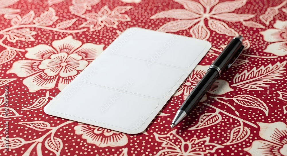 Poster blank card and pen resting on a detailed red floral patterned surface a composition for notes with a