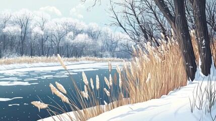 Winter landscape with a frozen river.  Bare trees covered in frost line a snowy bank beside a frozen river.  Golden grasses stand in the foreground.  Pale sky with clouds