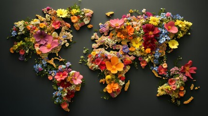 World map adorned with vibrant flowers of various colors