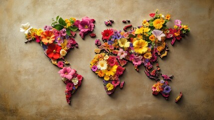 World map crafted from colorful flowers, arranged to resemble continents