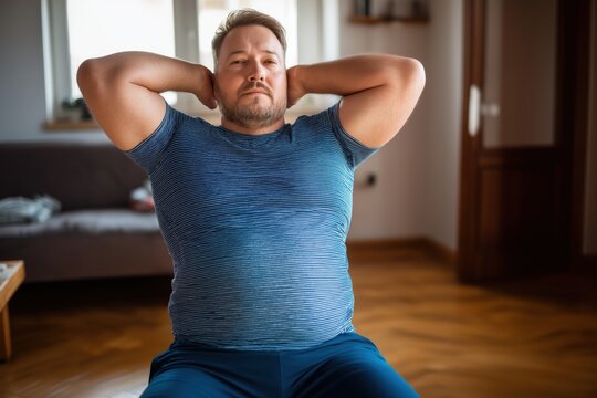 Overweight Middle-Aged Man Performing Bodyweight Exercises