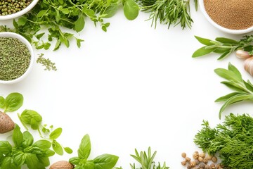 Obraz premium Botanical Bounty: A vibrant assortment of culinary herbs, spices, and fresh produce, expertly arranged.