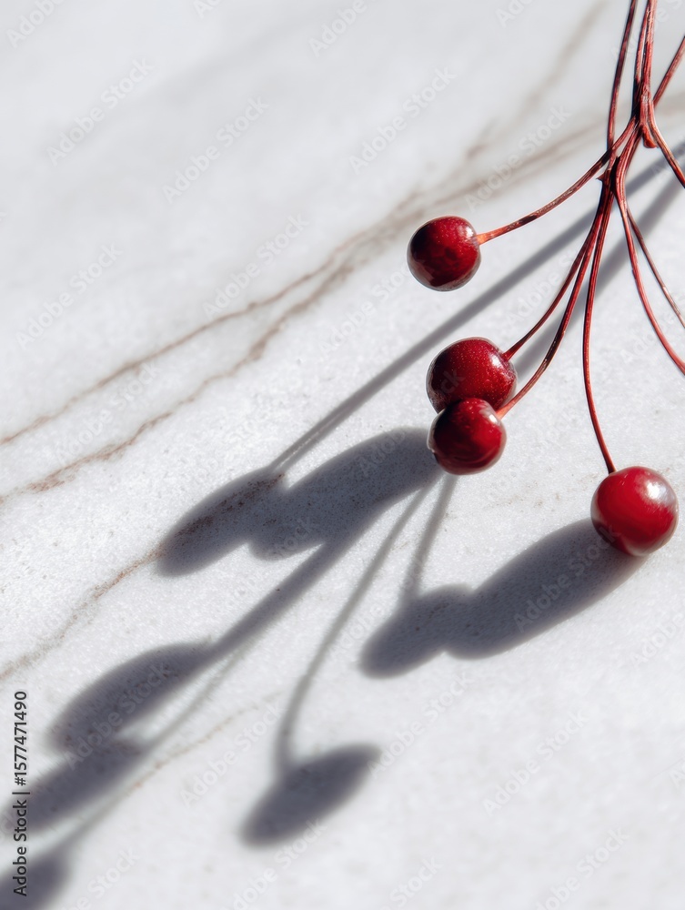 Poster close-up view of cherry stem shadows on marble surface with minimalistic color tones and an empty up