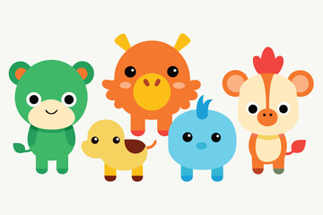 Naklejka premium A funny set of cute cartoon animal characters including a baby dragon, an owl, and a wild elephant