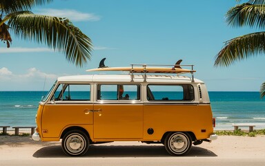 Vintage Car with Surfboard on Roof Parked by Tropical Beach – Retro Travel Vibes, Summer Vacation, Ocean Waves, Palm Trees, Coastal Adventure, Relaxing Surf Trip, Seaside Freedom