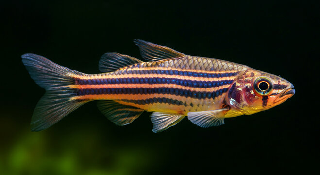 Striking celestial pearl danio shimmering portrait against a dark backdrop, showcasing vibrant