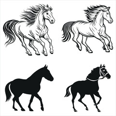 Four Horse Illustrations Depicting Motion and Form in Contrasting Styles of Linear and Solid Black Fill Rendering