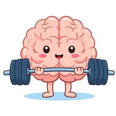  Strong Mind Concept – Cute Brain Character Lifting Barbell Vector Illustration for Mental Fitness.