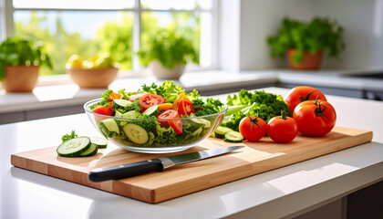 Freshly Prepared Salad Displayed on a Kitchen Counter